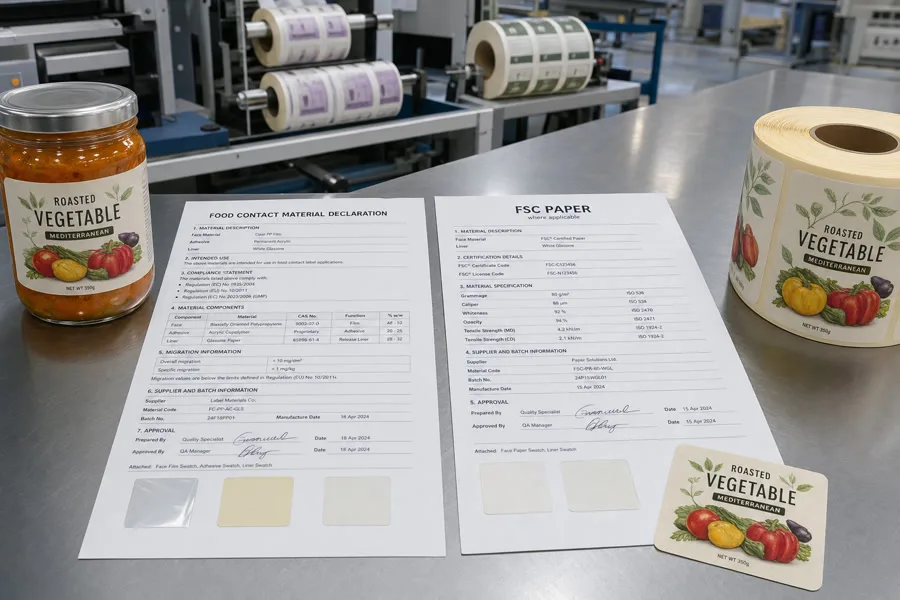food-contact and FSC paper material certificates with label samples