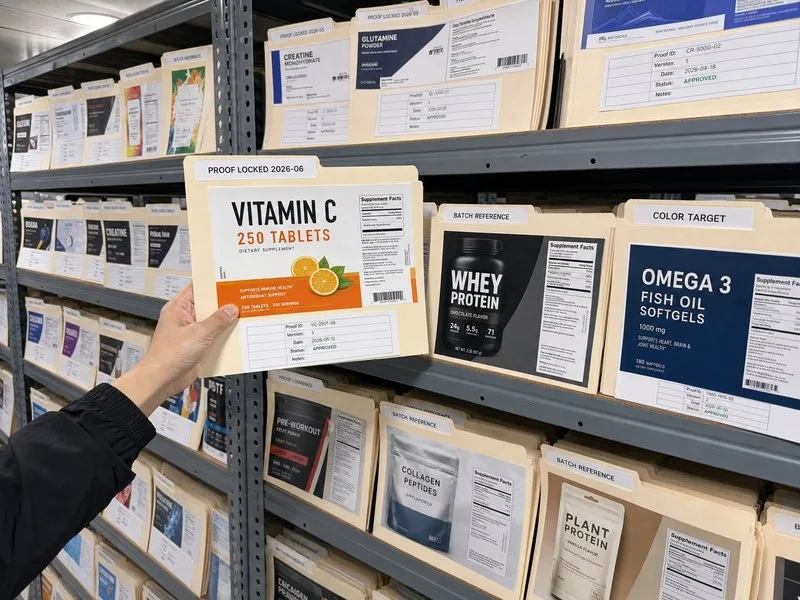 Proof archive storage for supplement labels