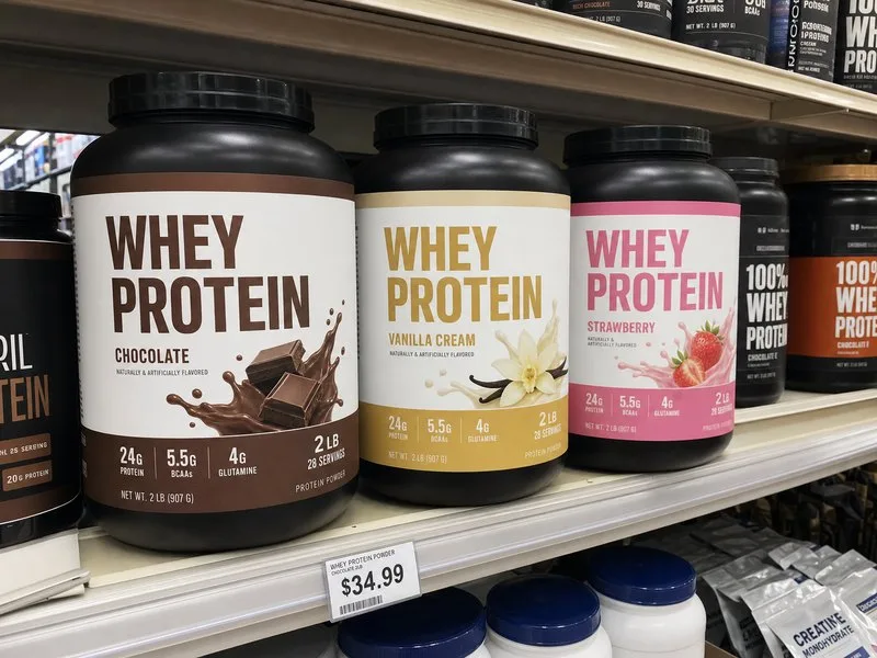 Protein tub on retail shelf