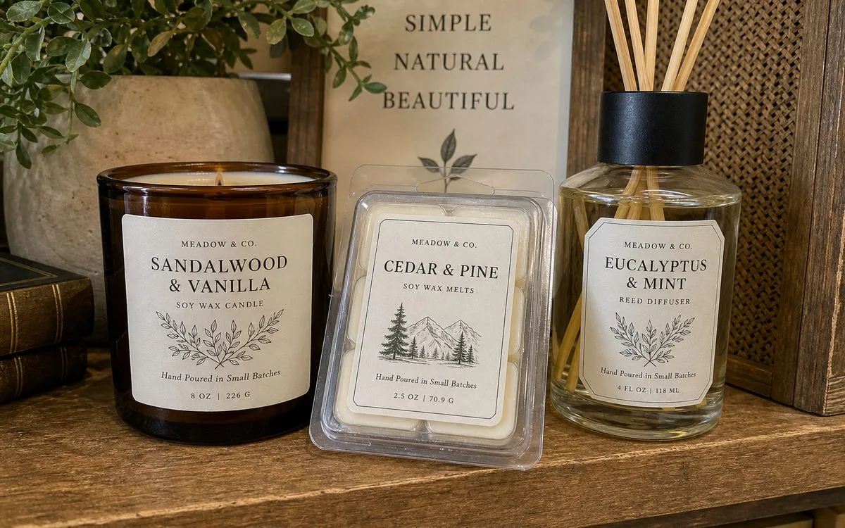 Hand-applied custom sheet labels on scented candle jars