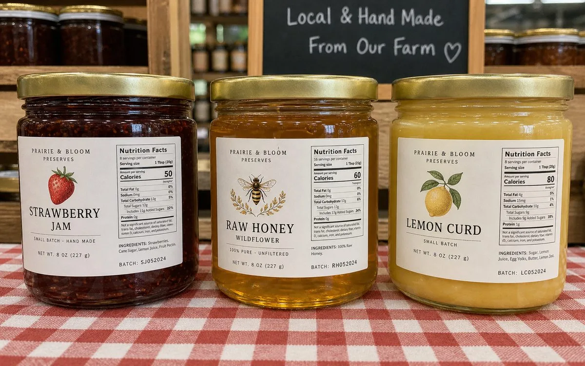 Food-grade sheet labels on jam, honey and preserve jars
