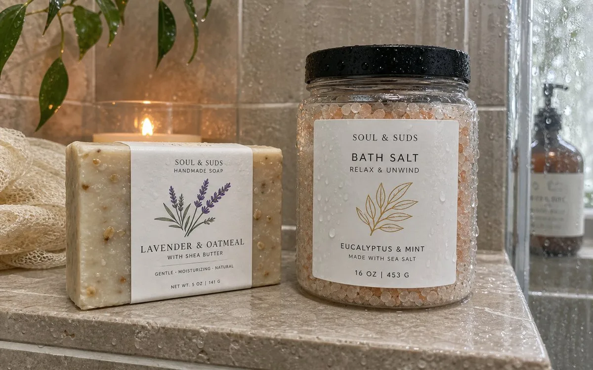 Waterproof sheet labels on handmade soap bars and bath products