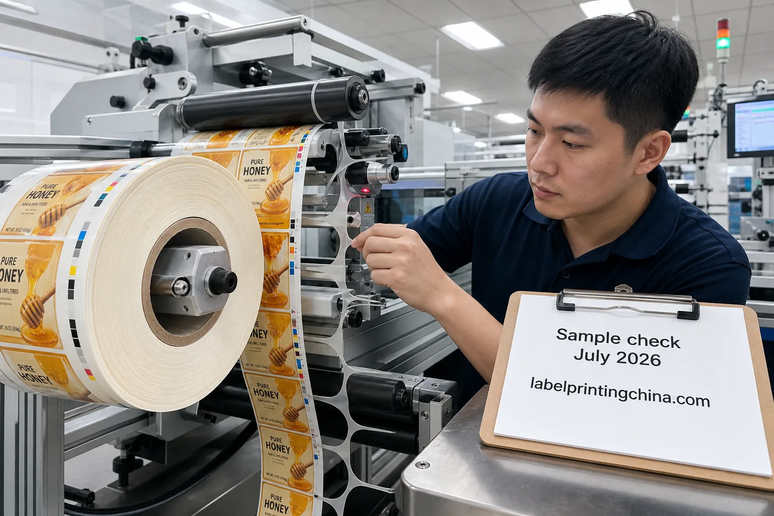 Technician Checks Kiss Cut Roll At Applicator