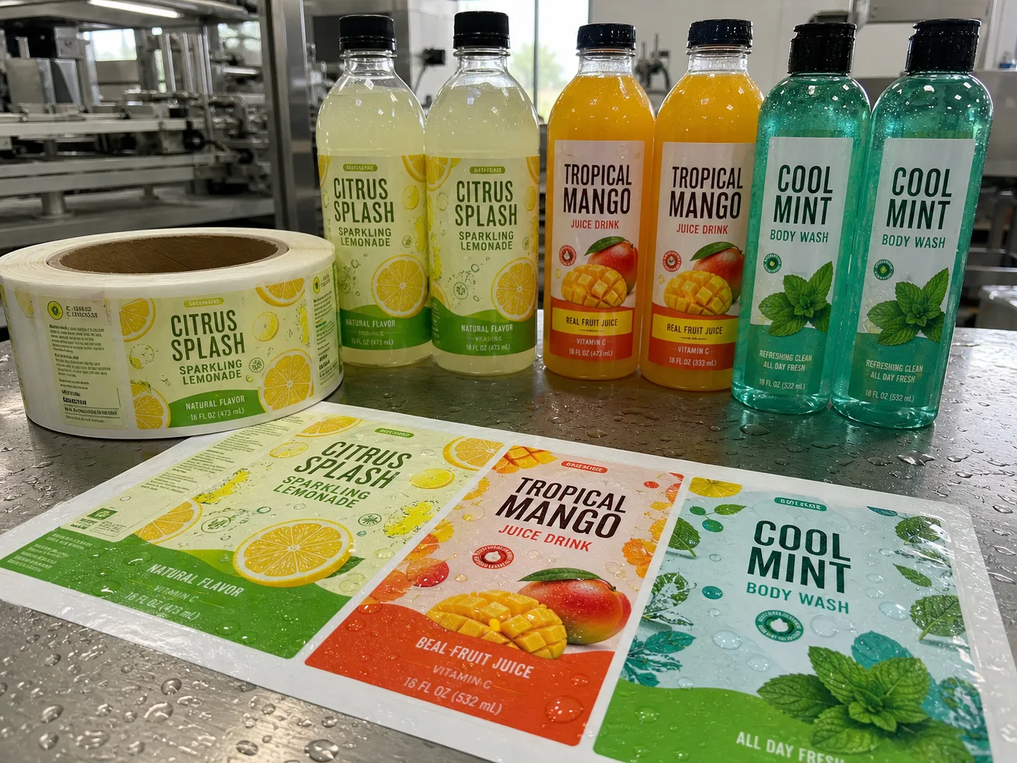 Film laminated waterproof labels on bottles