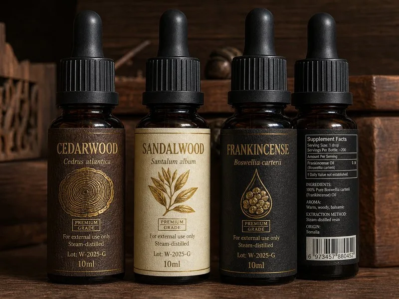 woody family essential oil labels