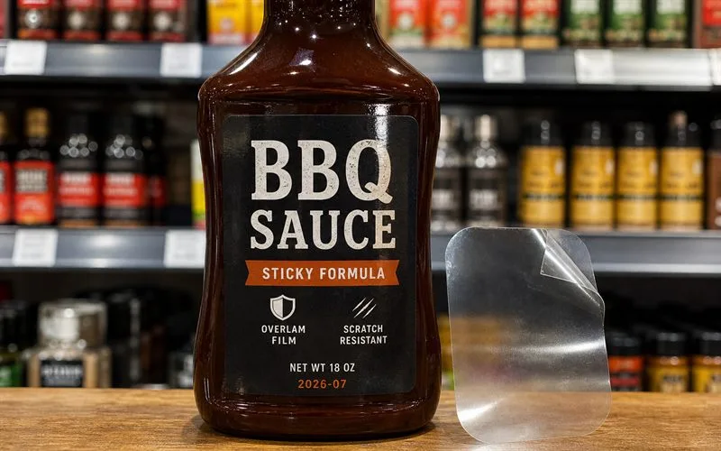 BBQ sauce bottle with durable film label