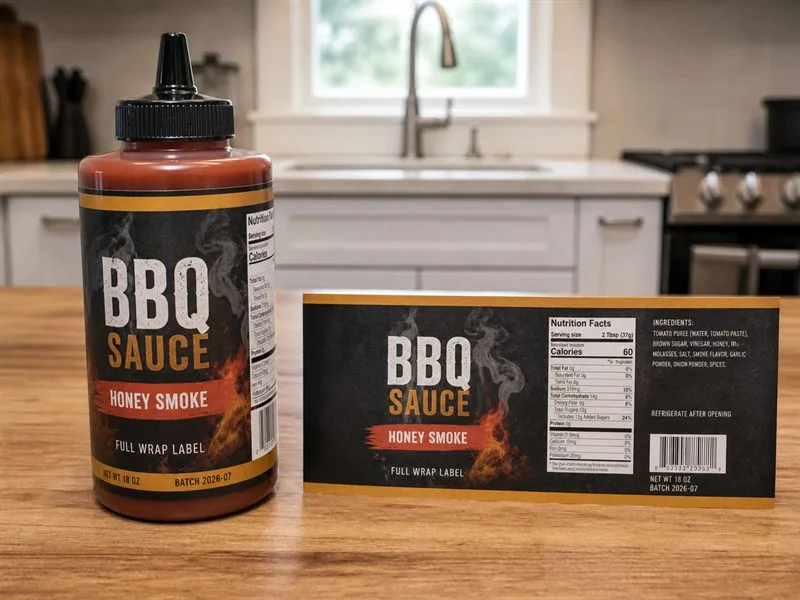 BBQ sauce wrap label on squeeze bottle