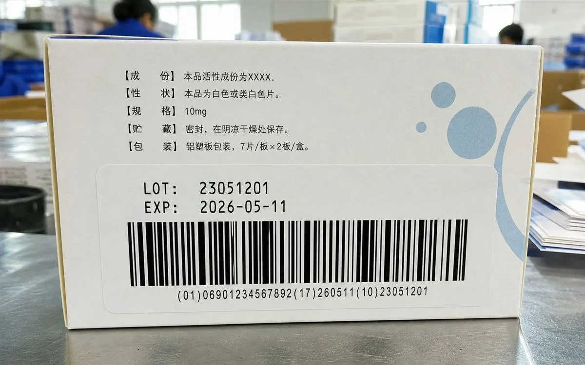 Carton batch label with large scannable GS1-128 barcode and readable expiry