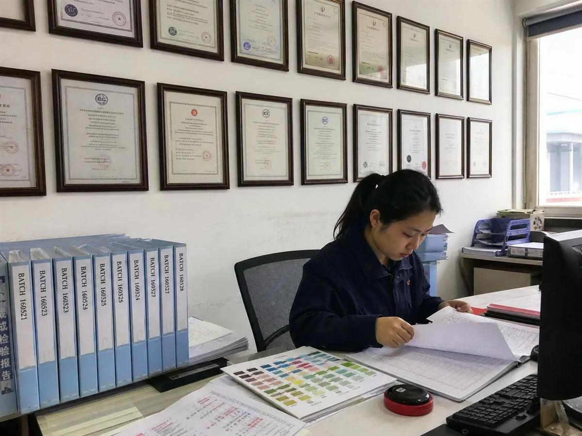 Certificate wall and documentation desk at the label factory
