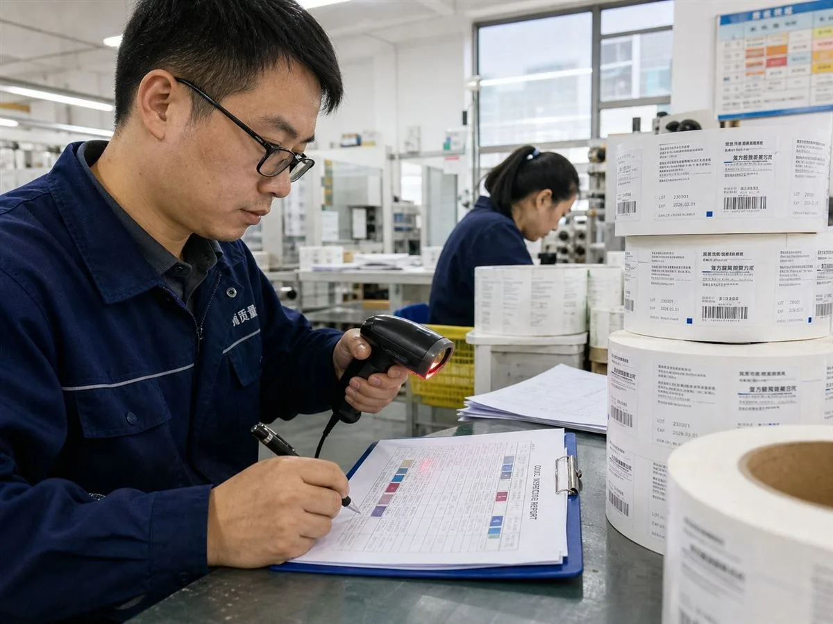 Chinese QC engineer scanning finished pharmaceutical label rolls and signing a color report