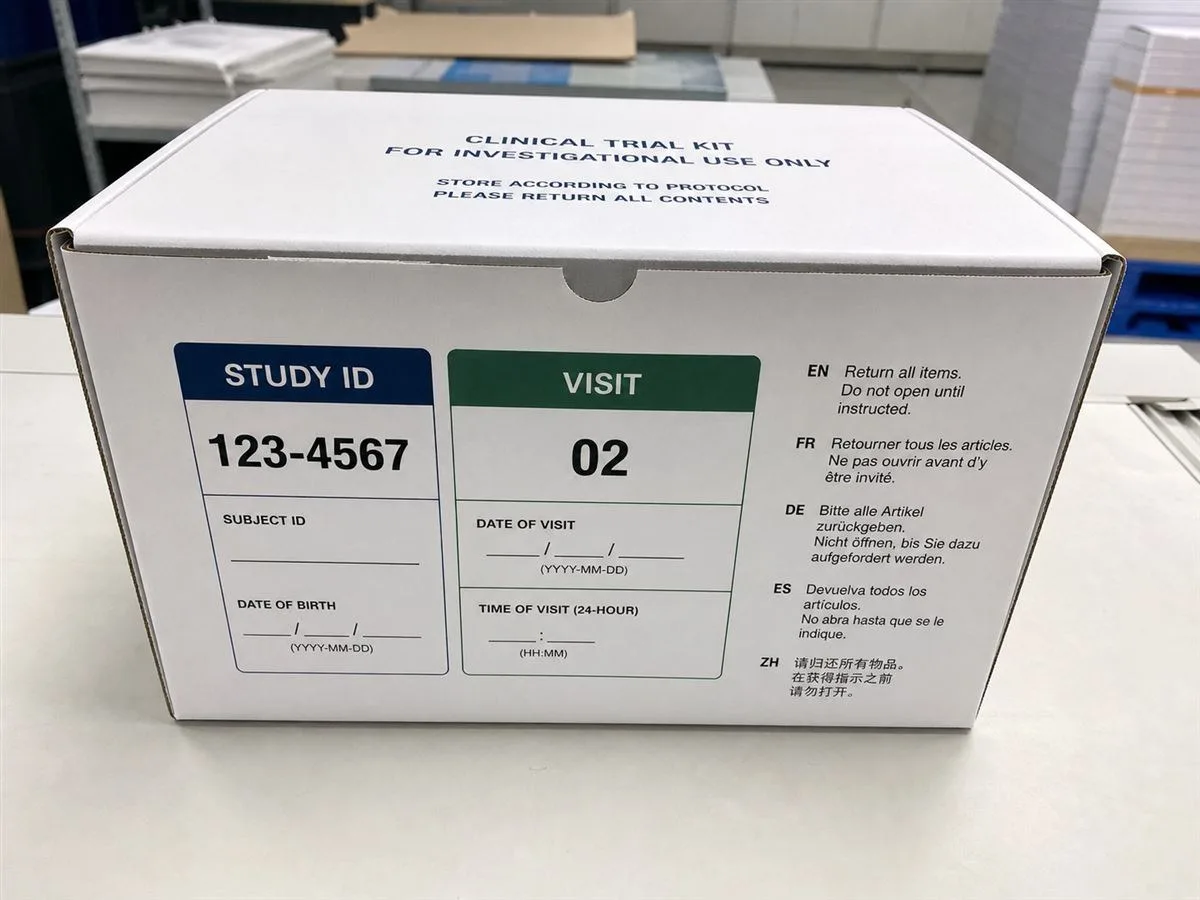 Clinical trial kit box with multilingual study labels