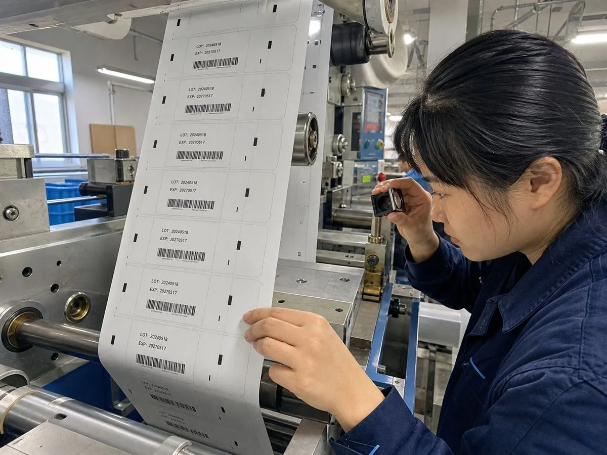Die-cut registration check on a pharmaceutical label web at press speed