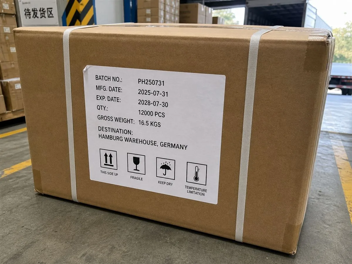 Export outer case with batch and destination label for pharma shipment