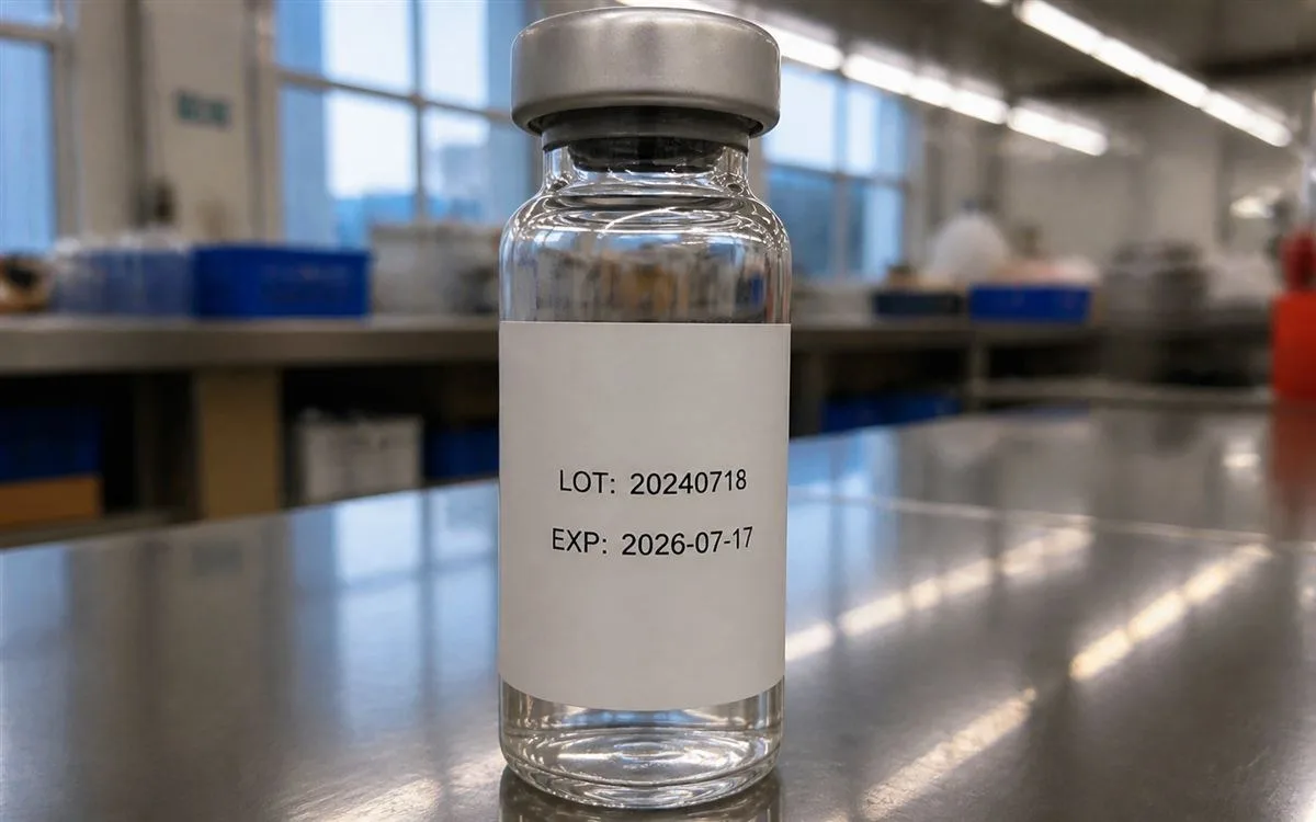 Finished 10 mL vial wrap label with centered lot and expiry panel