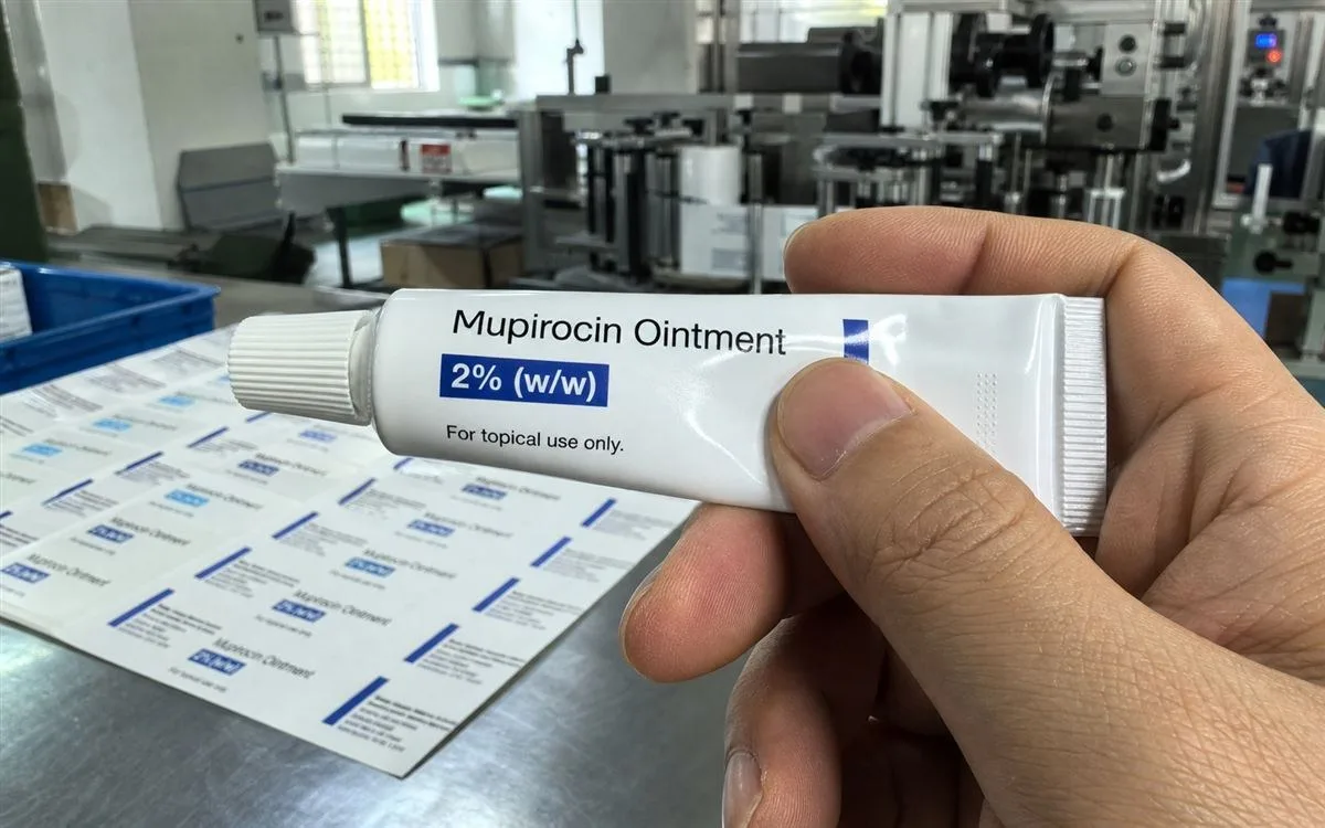 Ointment tube with flexible white label holding shape during squeeze