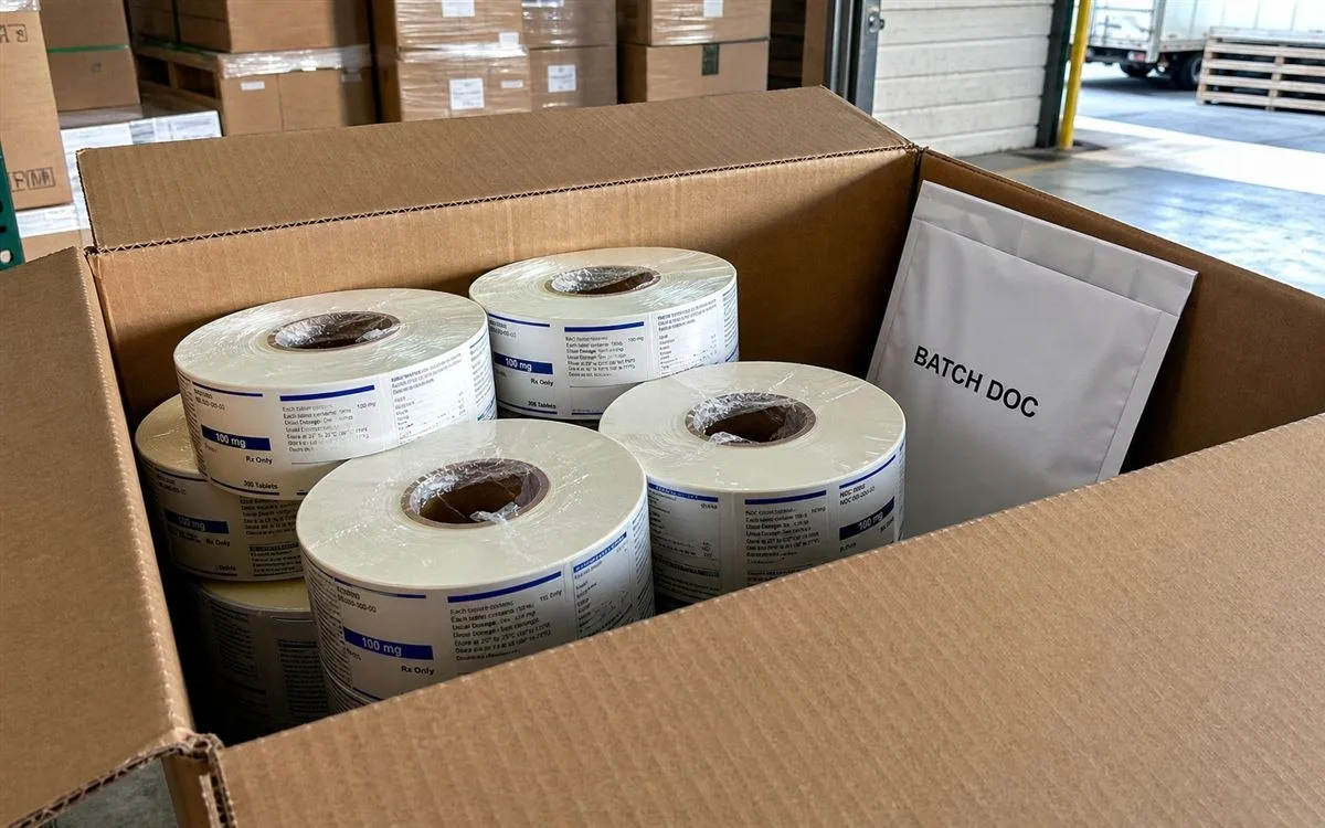 Packed label rolls with batch documentation envelope ready for export