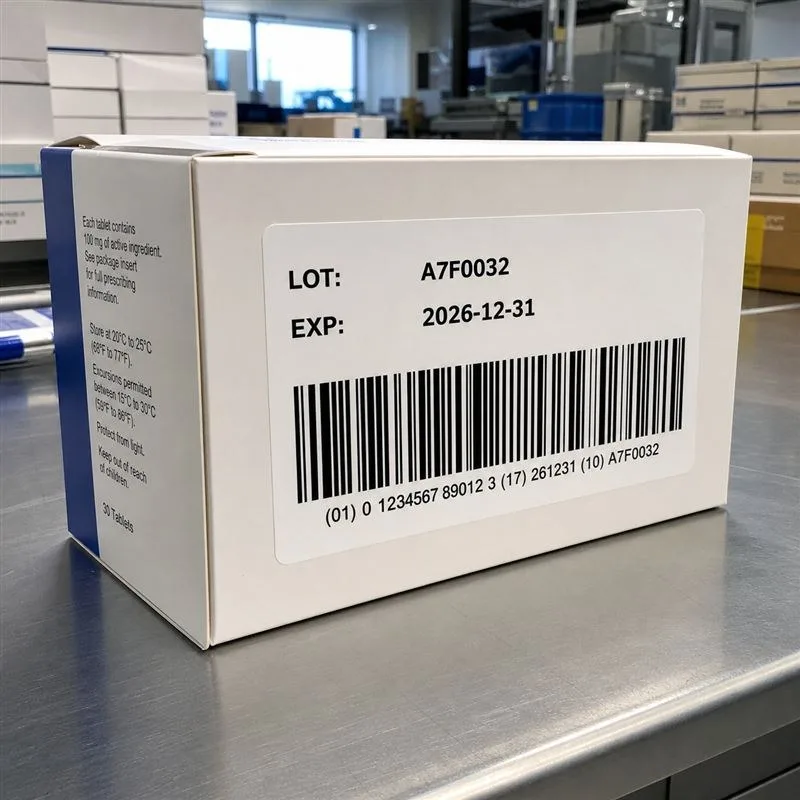 Pharmaceutical carton with a batch label carrying GS1-128 barcode and expiry date