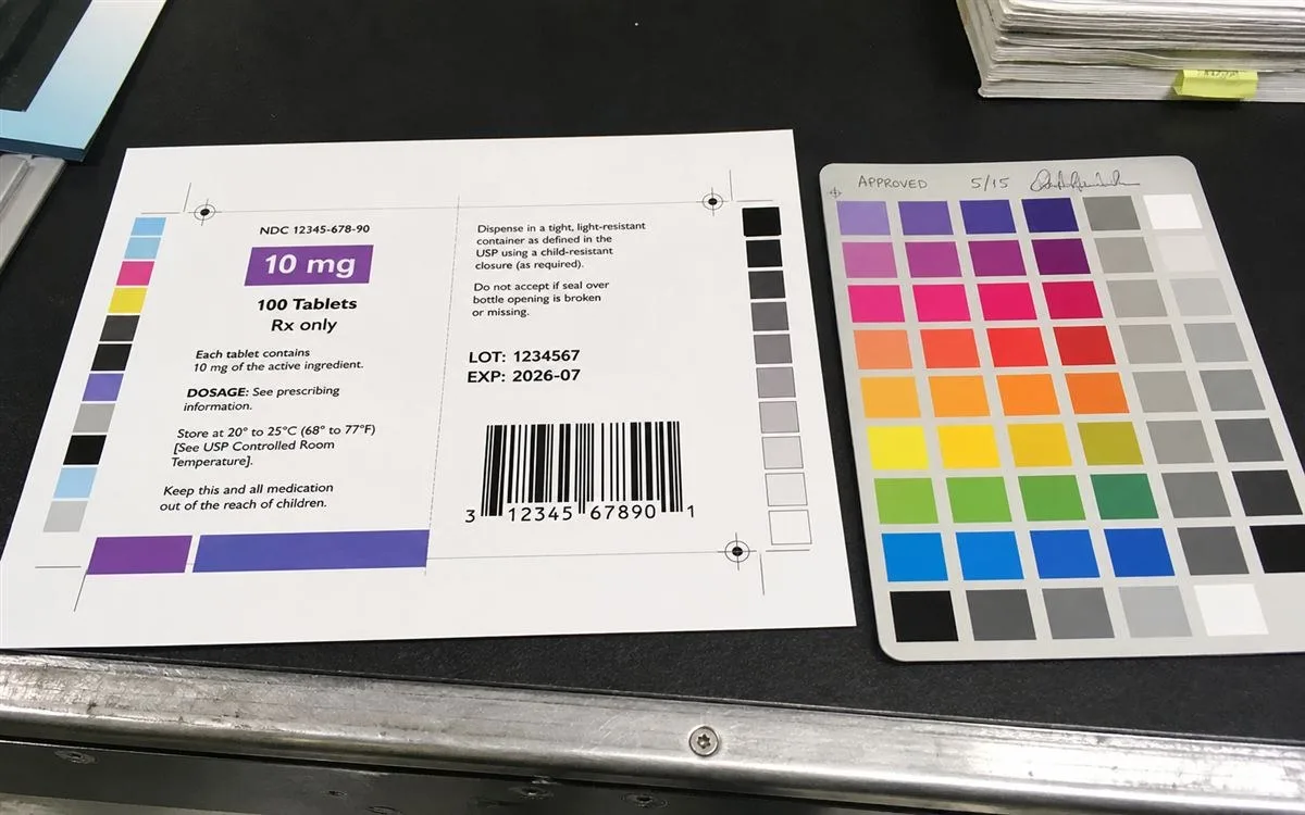 Physical label proof in actual material beside the approved color standard
