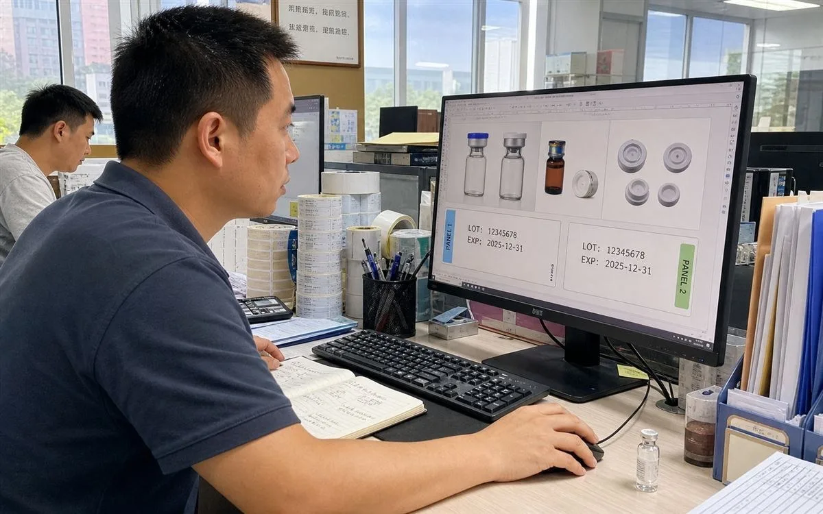 Project manager reviewing client container photos and label artwork on screen