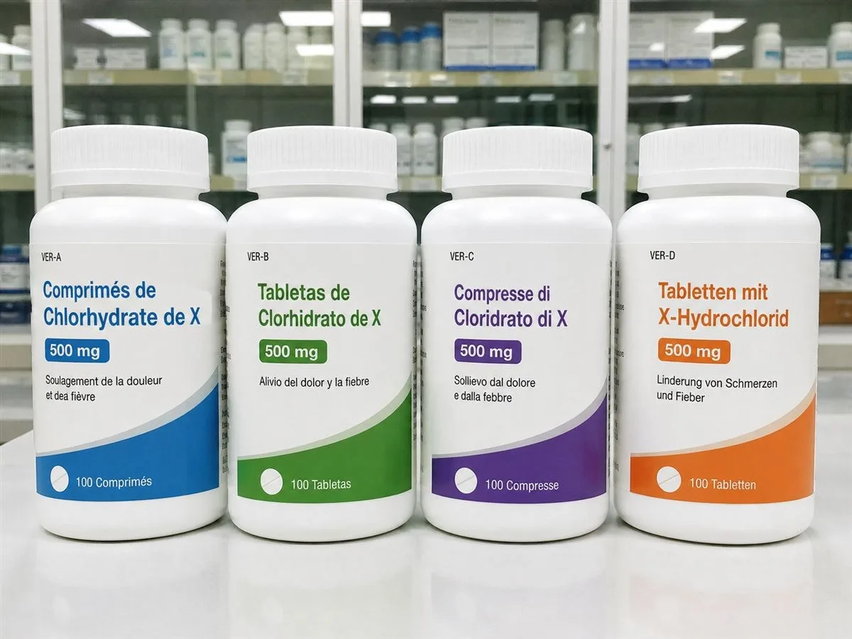 Same medicine bottle artwork printed in four market language versions with version codes on each label