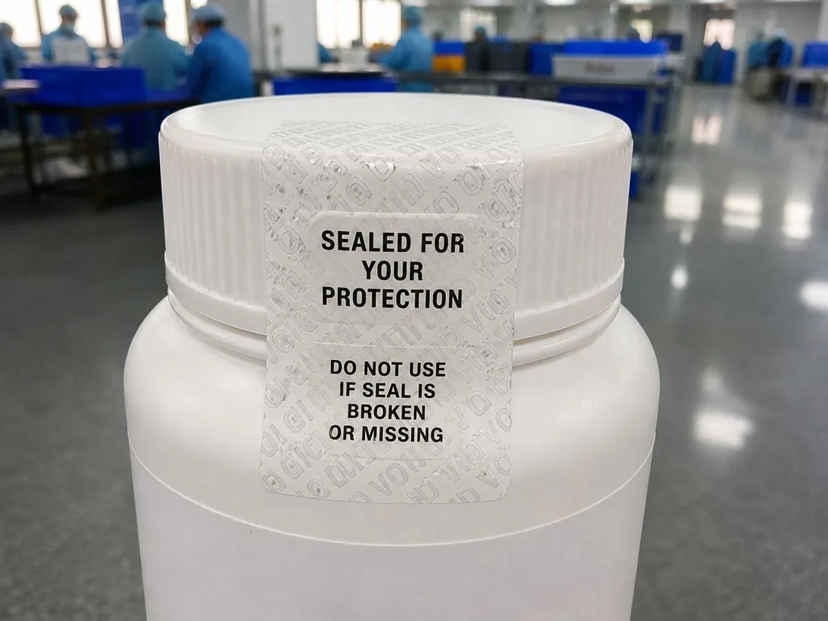 Tamper-evident void seal label on a medicine bottle cap