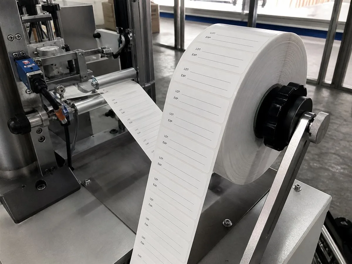 Unwind direction diagram showing label peel orientation for a packaging applicator