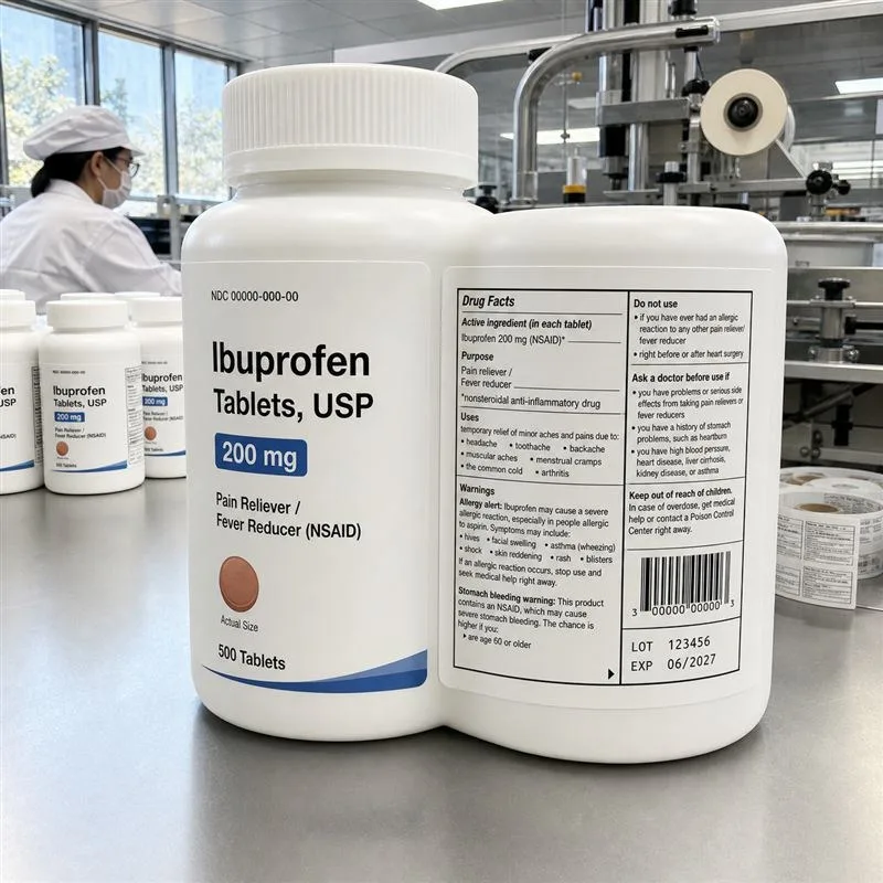 White HDPE medicine bottle with front and back pharmaceutical labels and barcode panel