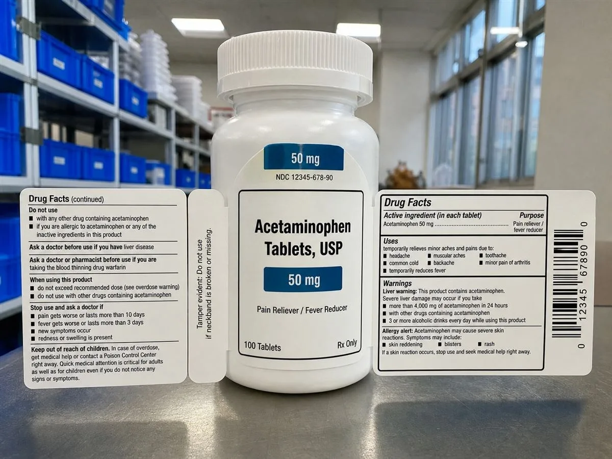 White medicine bottle with matching front, back, and neck-tab label set