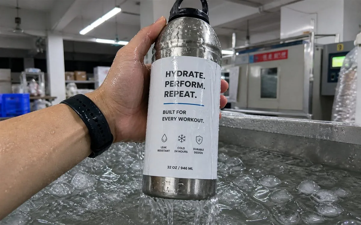 Aluminum bottle pulled from ice water with label edges sealed