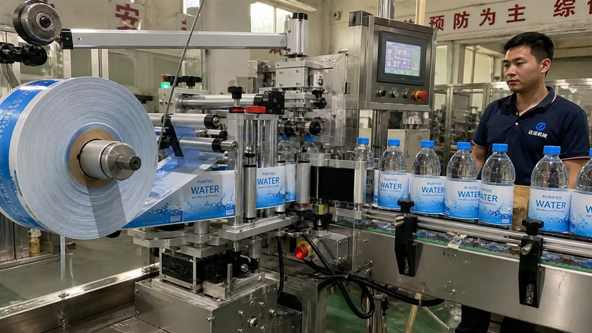Automatic labeling machine feeding label roll onto water bottle line