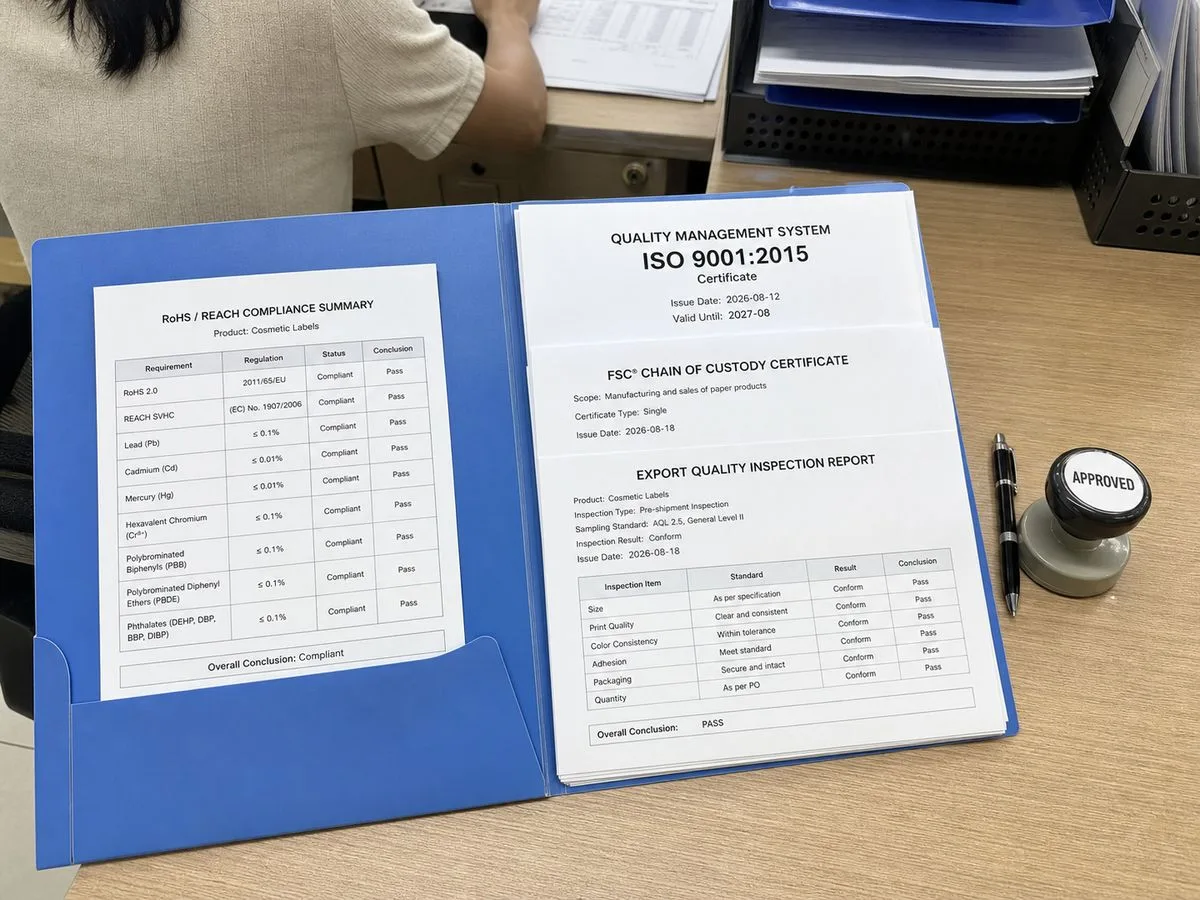 Certificate folder with ISO and export documents on a desk