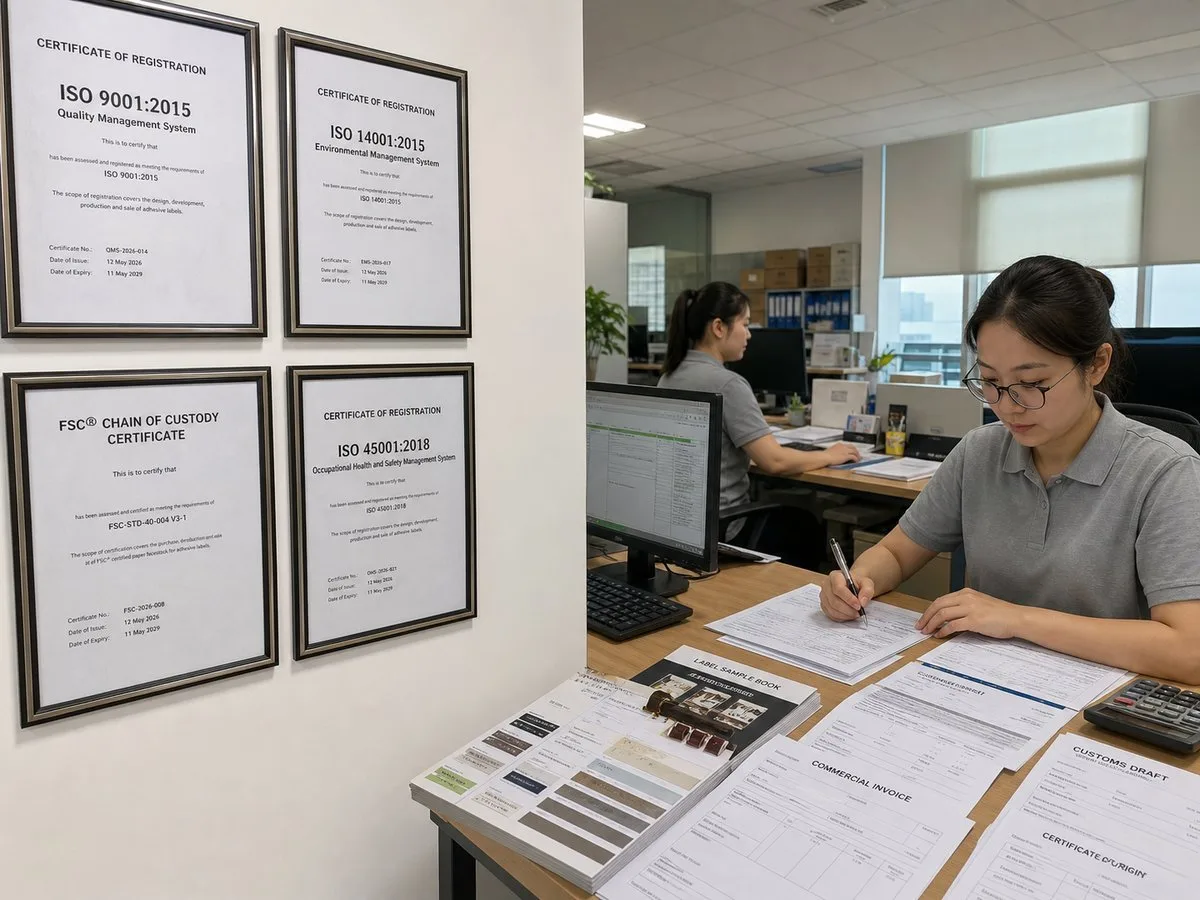 Certificate wall and export documentation desk at the label factory