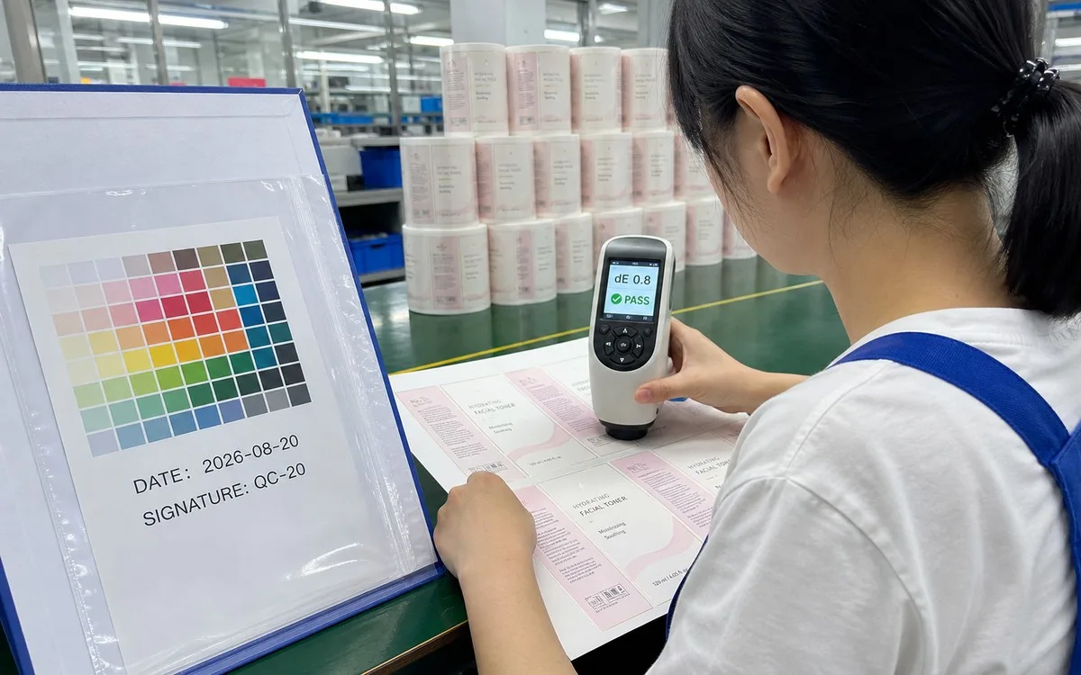 Technician measuring label color with spectrophotometer