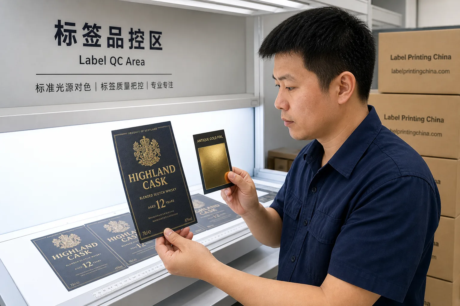 Chinese technician checks whisky label foil swatch under retail light
