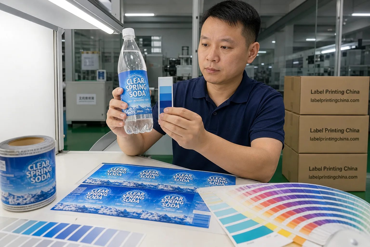 Chinese technician compares beverage label proof to substrate swatch
