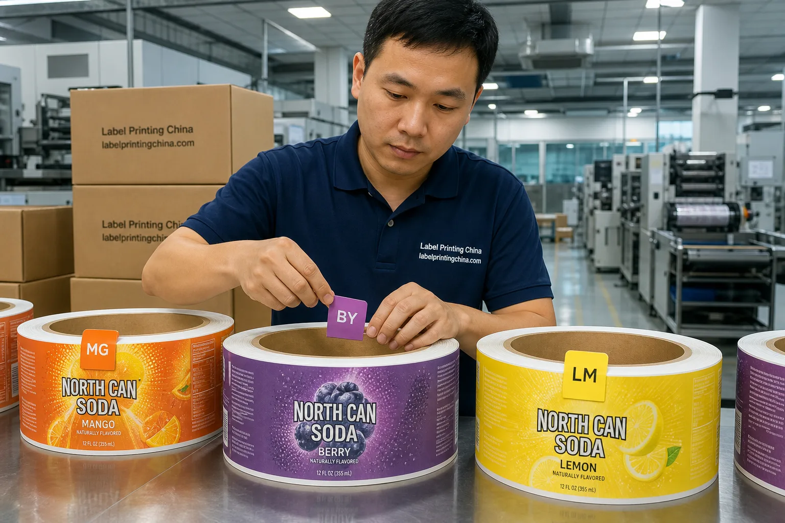 Chinese technician tags multi-flavor beverage label roll cores
