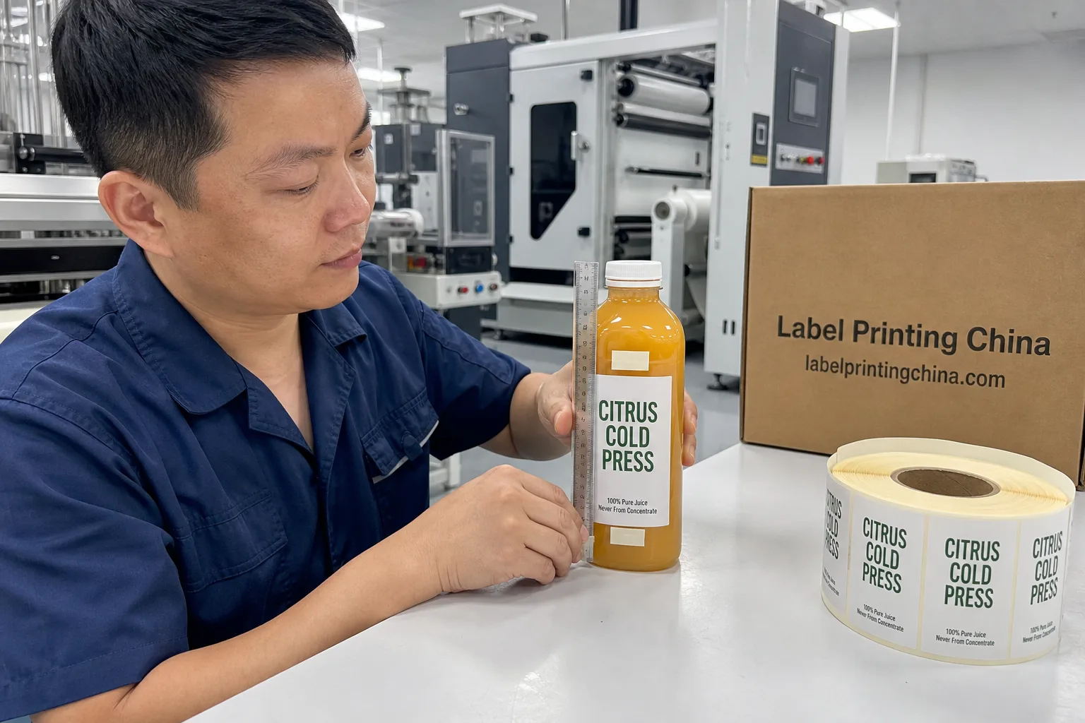 Chinese technician marks straight wall height on juice bottle for label