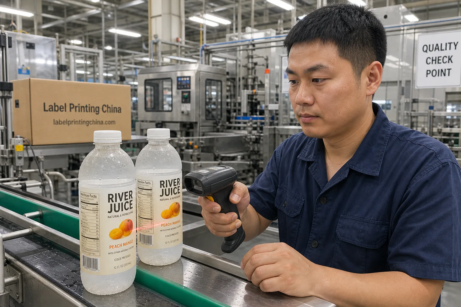Chinese technician scans barcode on curved beverage bottle label