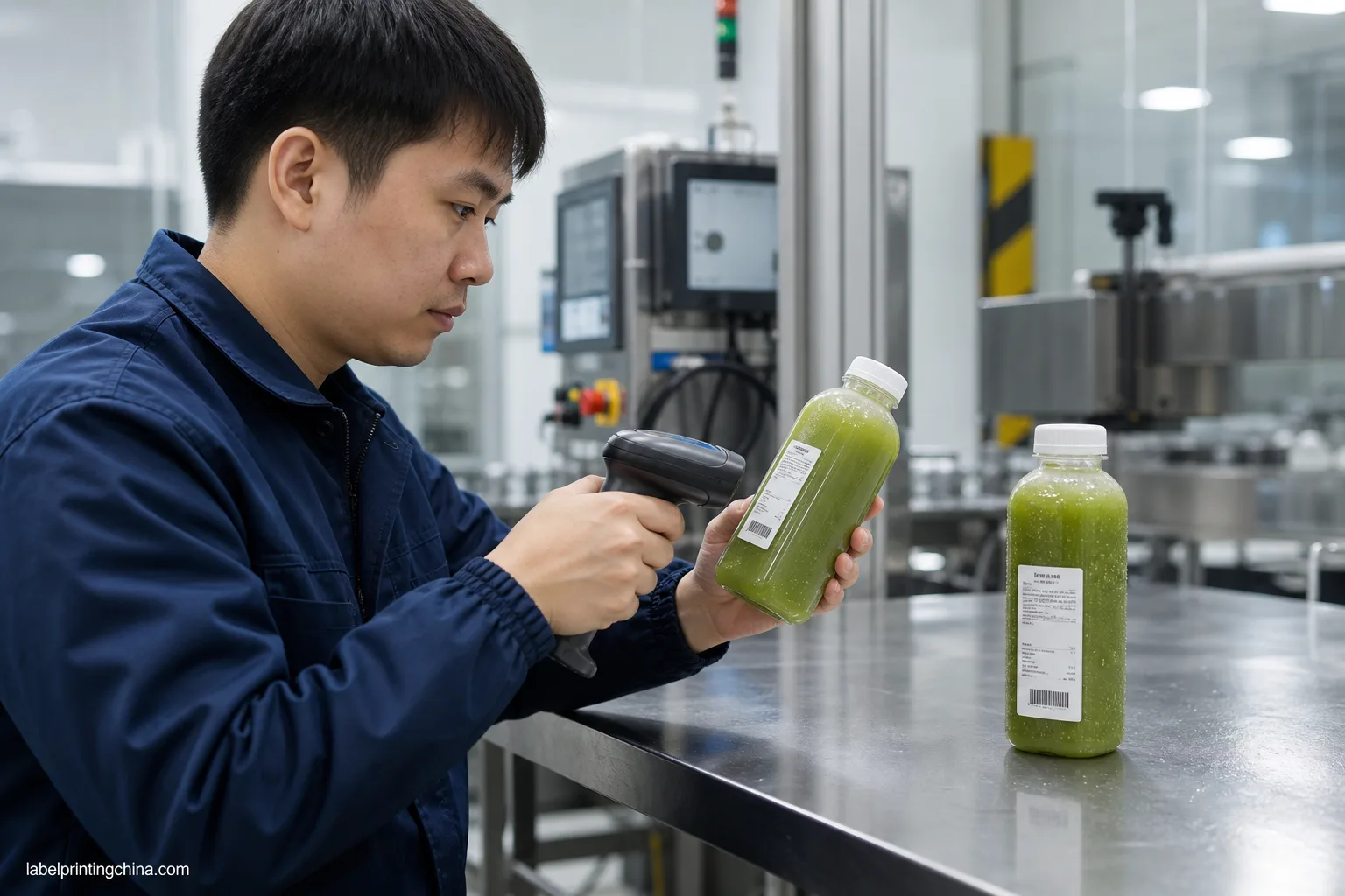 Chinese technician tests cold pressed juice label sample on filled bottle