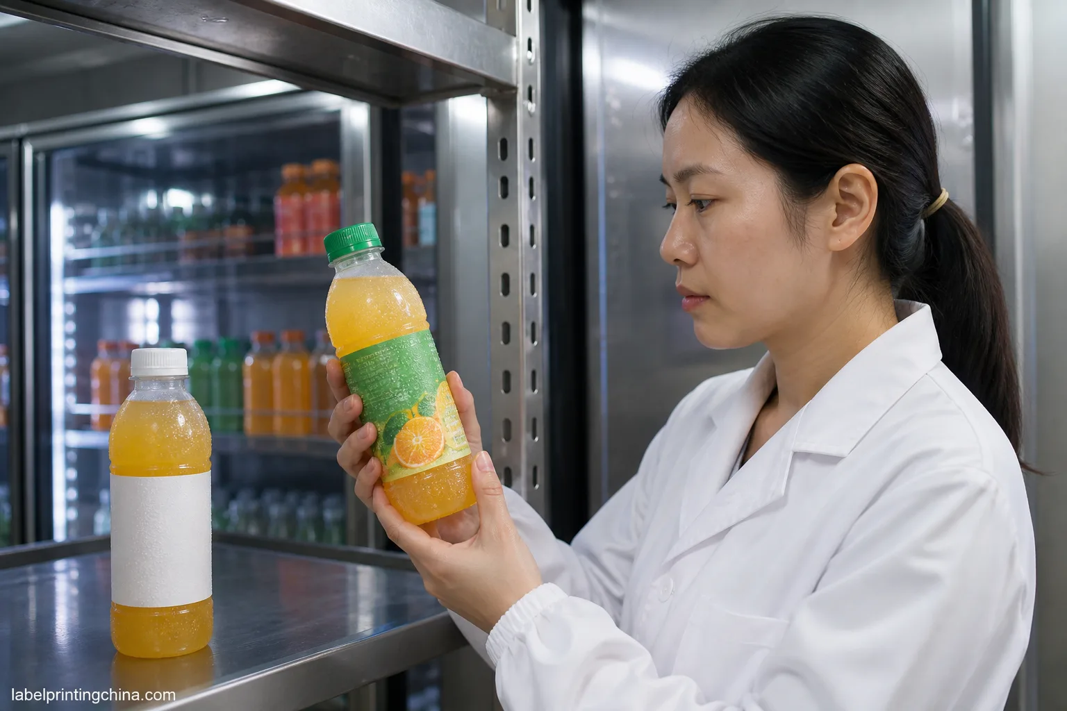 Chinese technician tests condensation on clear juice bottle label in cooler