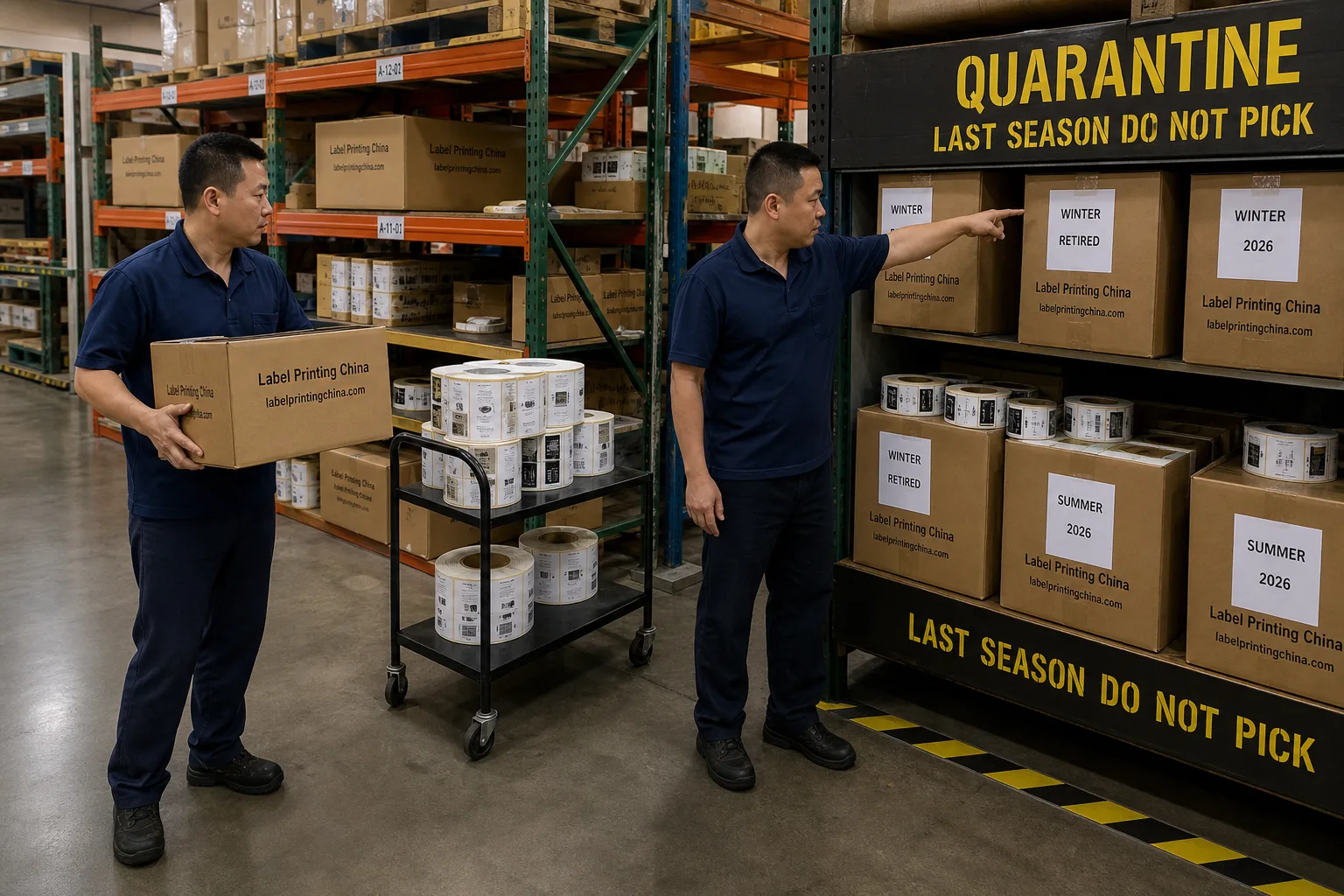 Chinese warehouse worker moves last-season beverage label rolls to quarantine