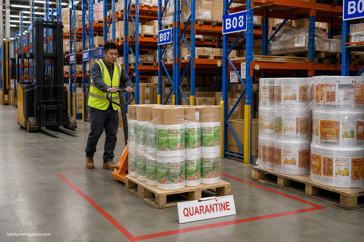 Chinese worker quarantines last season juice label rolls in warehouse