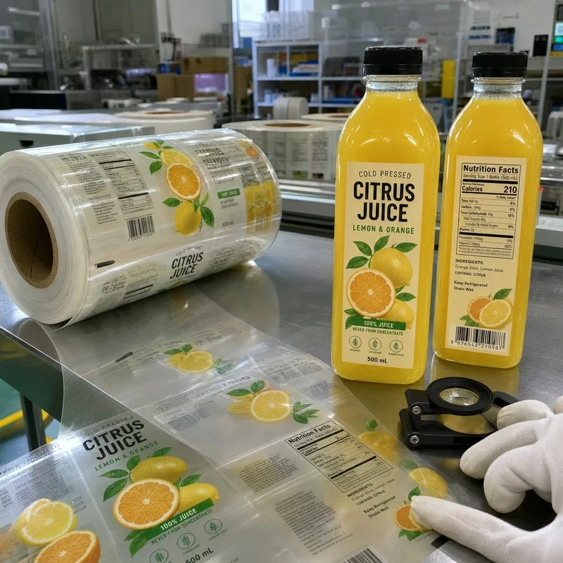 Clear BOPP juice label material showing no-label look