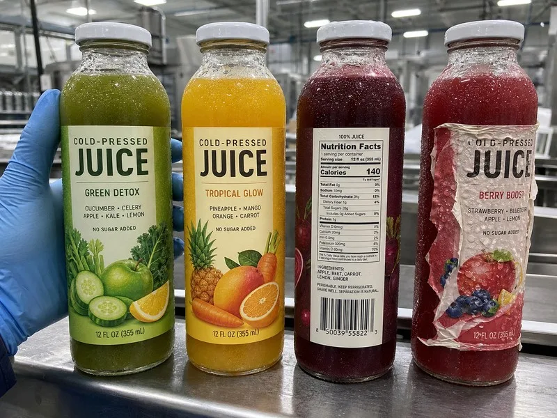 Cold-press juice brand with condensation-proof clear BOPP label after switching suppliers