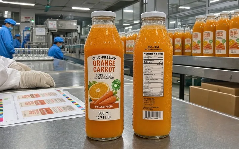 Cold-pressed HPP juice bottle with clear BOPP label