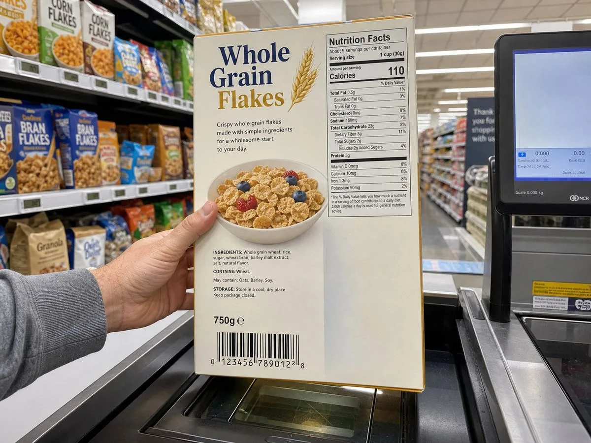 Consumer product packaging with EAN-13 barcode at a retail checkout scanner