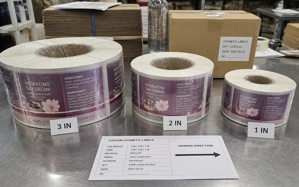 Label rolls with correct core size and unwind direction