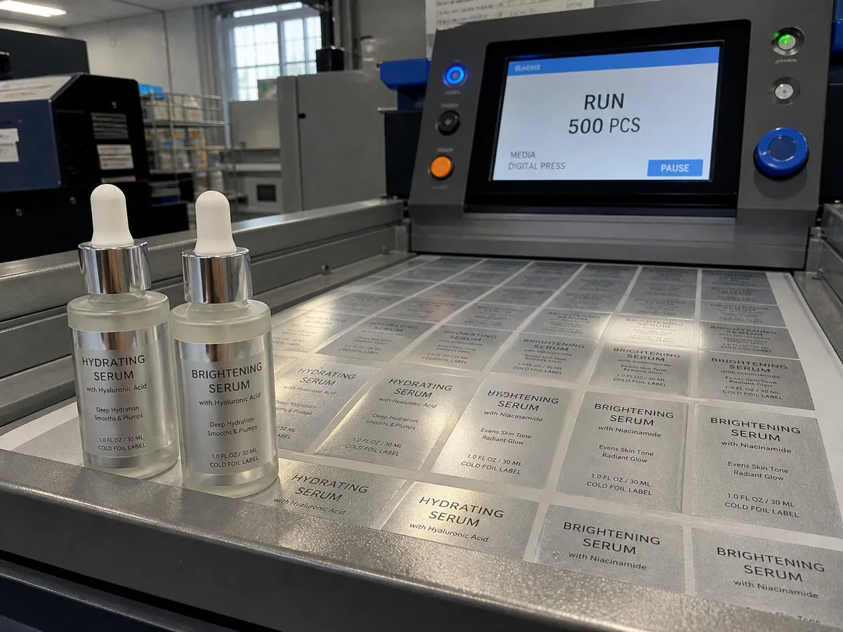 Cosmetic label with cold foil metallic finish
