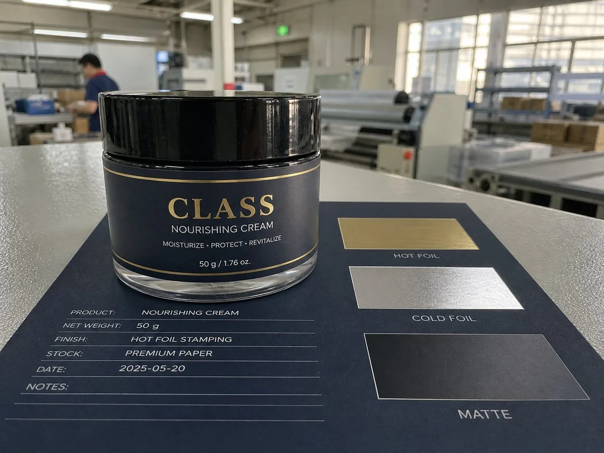 Cosmetic label with hot foil metallic stamping