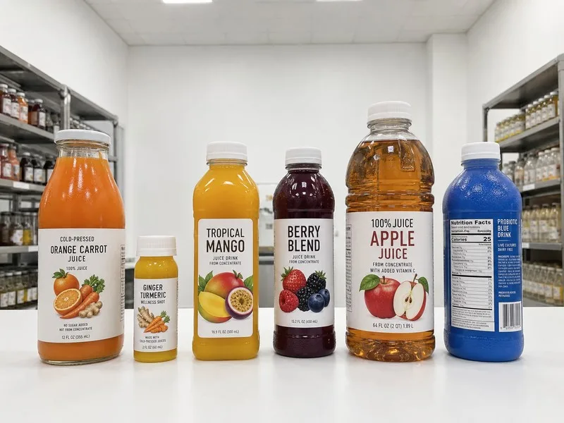 Custom juice bottle labels on a refrigerated cold-door retail shelf